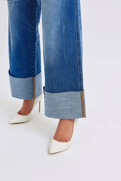 Denim Judy Blue Full Distressed High Waist Wide Leg Jeans - Modestly Vogue 