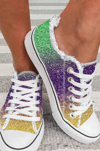 Multicolor Shiny Gradient Raw Hem Lace-up Flat Canvas Shoes - Modestly Vogue 