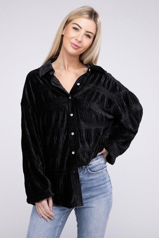 Tops Blouses Women – Blouses | Wrinkle Effect Tiered Shirring Velvet Shirt - Modestly Vogue 