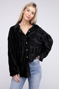 Tops Blouses Women – Blouses | Wrinkle Effect Tiered Shirring Velvet Shirt - Modestly Vogue 