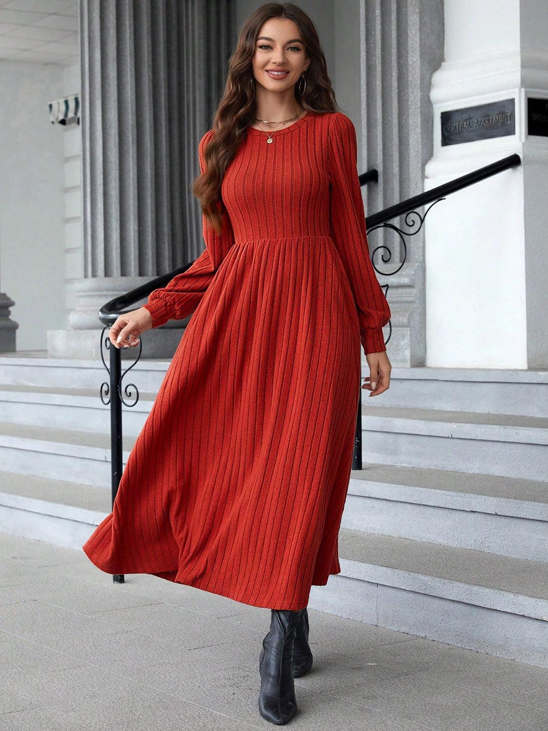 Stylish Dresses for Women – Trendy & Timeless Styles for Every Occasion | Modestly Vogue Ribbed Round Neck Long Sleeve Dress - Modestly Vogue 