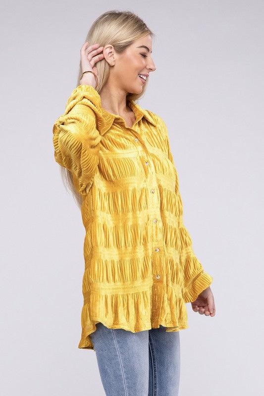 Tops Blouses Women – Blouses | Wrinkle Effect Tiered Shirring Velvet Shirt - Modestly Vogue 