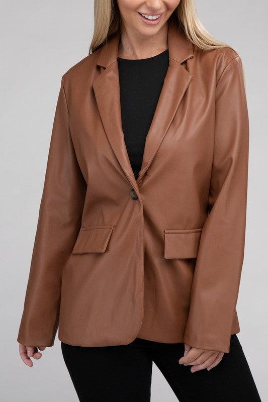 Sleek Pu Leather Blazer with Front Closure - Modestly Vogue 