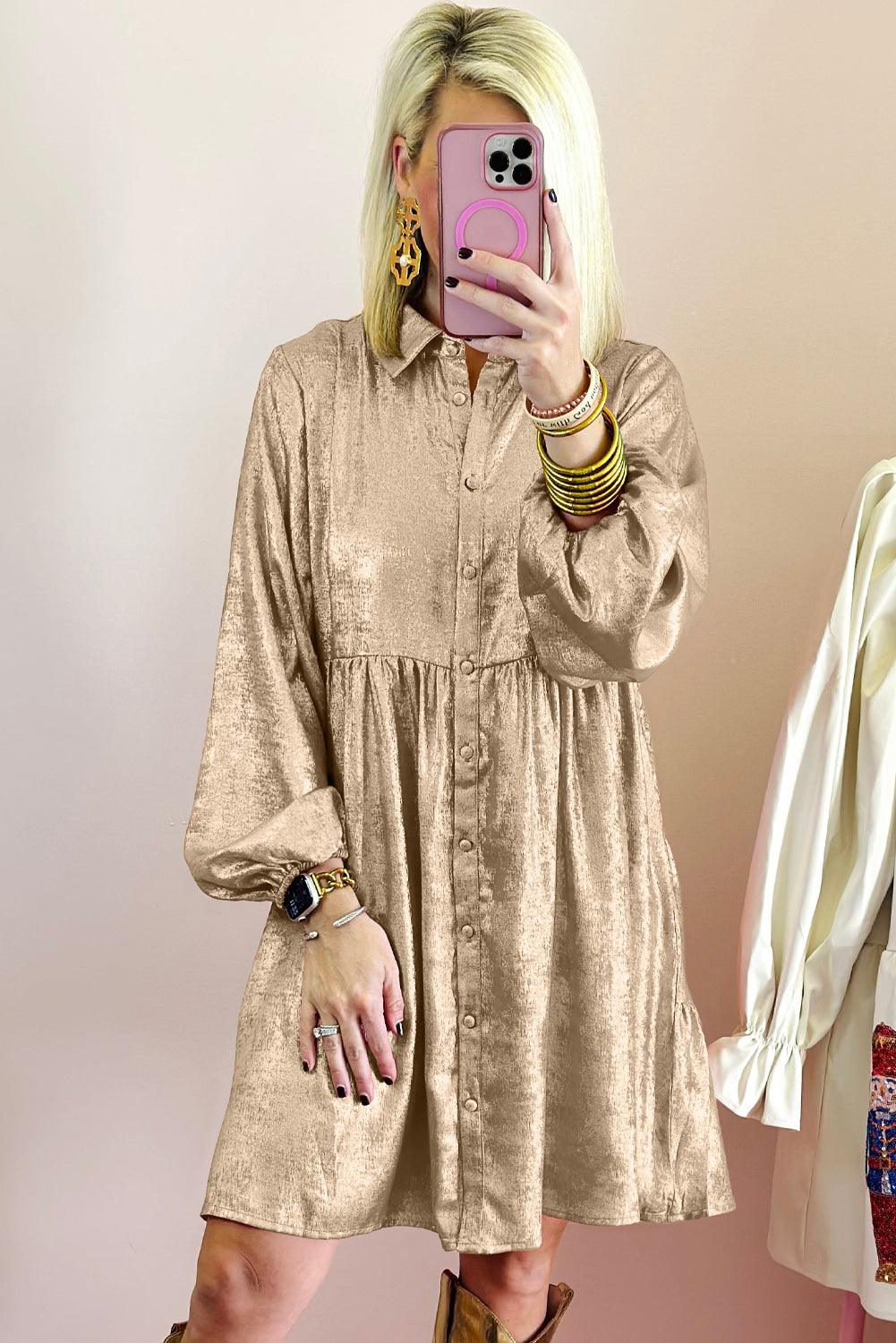 Apricot Metallic Sheen Puff Sleeve Button Up Mini Shirt Dress - Modestly Vogue 