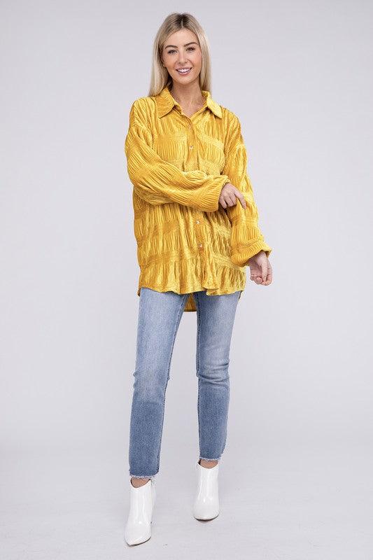 Tops Blouses Women – Blouses | Wrinkle Effect Tiered Shirring Velvet Shirt - Modestly Vogue 