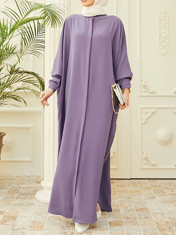 Loose Buckle Solid Color Round-Neck Muslim Abaya - Modestly Vogue 