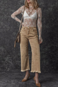 Denim Light French Beige Acid Washed High Rise Cropped Wide Leg - Modestly Vogue 