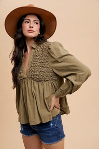 Boho Chic Annie Wear Smocked Front Long Sleeve Babydoll Blouse - Modestly Vogue 