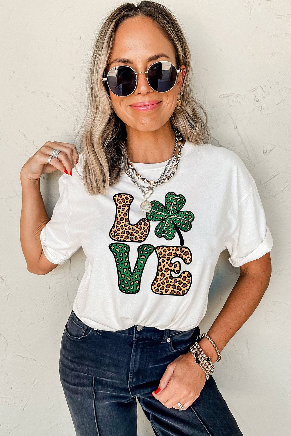 White Cheetah Clover LOVE Graphic St. Patricks Crewneck Tee - Modestly Vogue 