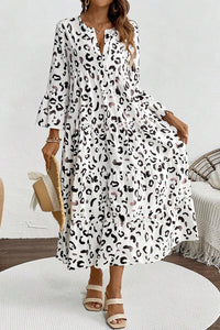 White Leopard Print Notch V Neck Loose Fit Maxi Dress - Modestly Vogue 