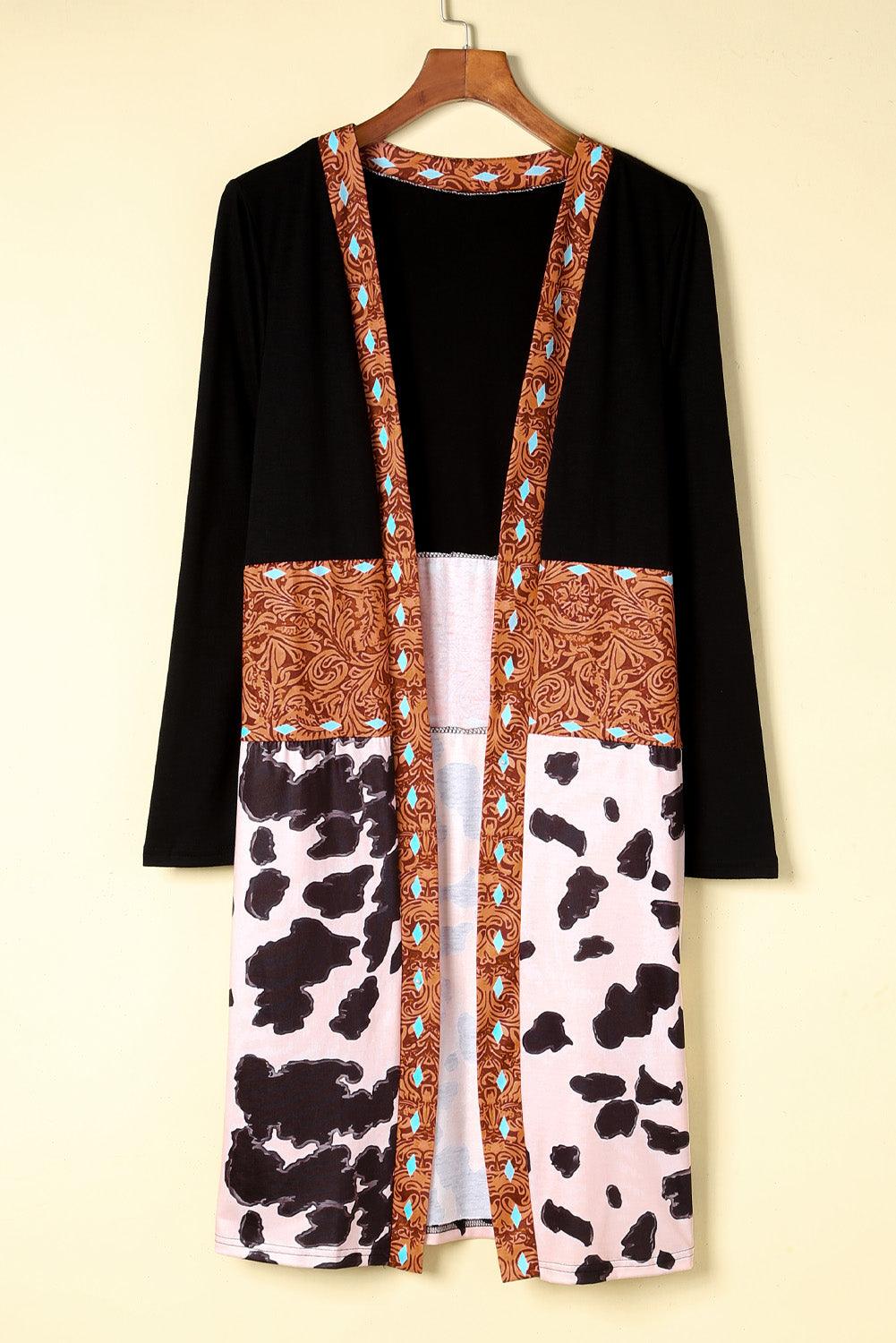 Black Western Pattern Cow Patchwork Open Front Cardigan - Modestly Vogue 