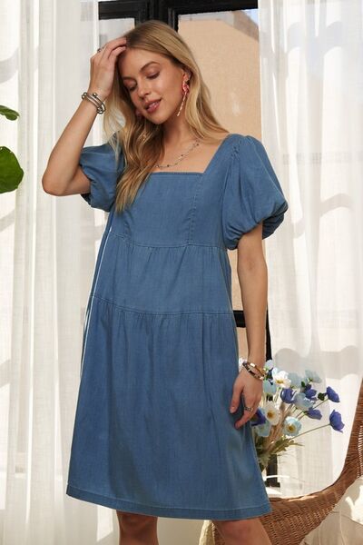 Denim ADORA Square Neck Puff Sleeve Dress - Modestly Vogue 