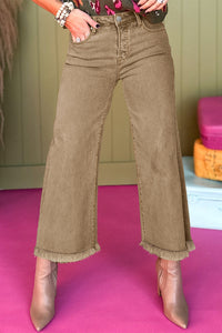 Denim Light French Beige Acid Washed High Rise Cropped Wide Leg - Modestly Vogue 