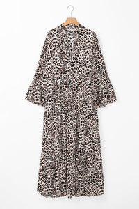 Apricot Leopard Print Tiered Wide Sleeve Maxi Dress - Modestly Vogue 