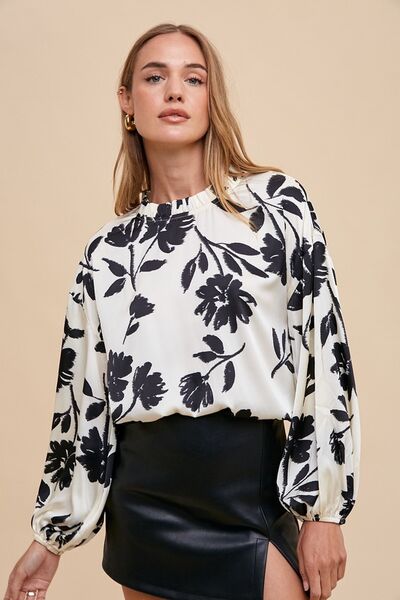 Annie Wear Frill Printed Balloon Sleeve Blouse - Modestly Vogue 