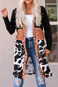 Black Western Pattern Cow Patchwork Open Front Cardigan - Modestly Vogue 