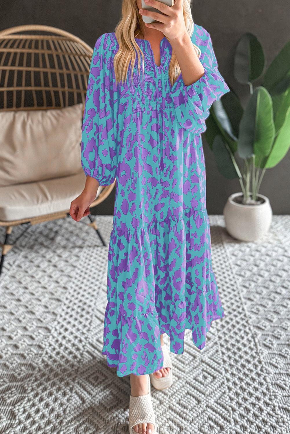 Boho Chic Sky Blue Abstract Print Puff Sleeve Tied Notched Neck Long Dress - Modestly Vogue 