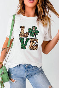 White Cheetah Clover LOVE Graphic St. Patricks Crewneck Tee - Modestly Vogue 