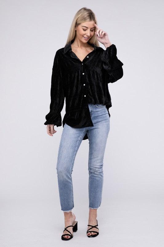 Tops Blouses Women – Blouses | Wrinkle Effect Tiered Shirring Velvet Shirt - Modestly Vogue 