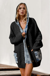 Denim Cardigans Kimonos – Outerwear Any | Double Take Full Hooded Spliced Sweater Cardigan - Modestly Vogue 