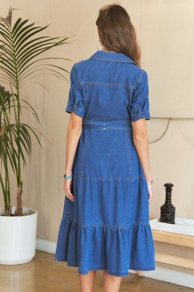 Denim ADORA Tiered Button Down Tie Waist Dress | Short Sleeve, - Modestly Vogue 