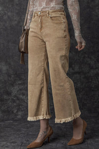 Denim Light French Beige Acid Washed High Rise Cropped Wide Leg - Modestly Vogue 