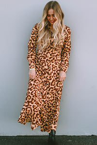 Leopard Button-Up Long Sleeve Maxi Dress - Modestly Vogue 