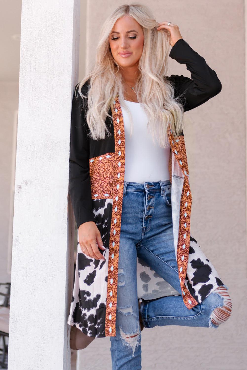 Black Western Pattern Cow Patchwork Open Front Cardigan - Modestly Vogue 