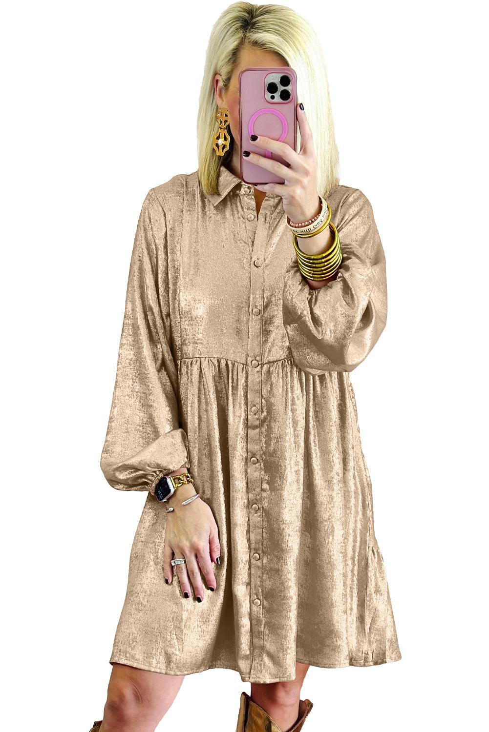 Apricot Metallic Sheen Puff Sleeve Button Up Mini Shirt Dress - Modestly Vogue 