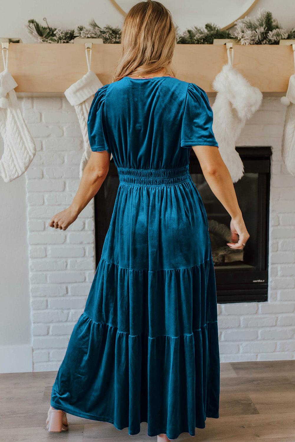 Prussian Blue Velvet Short Sleeve Shirred Waist Tiered Maxi Dress - Modestly Vogue 