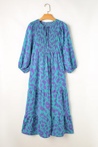 Boho Chic Sky Blue Abstract Print Puff Sleeve Tied Notched Neck Long Dress - Modestly Vogue 