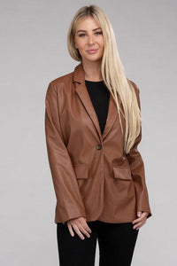 Sleek Pu Leather Blazer with Front Closure - Modestly Vogue 