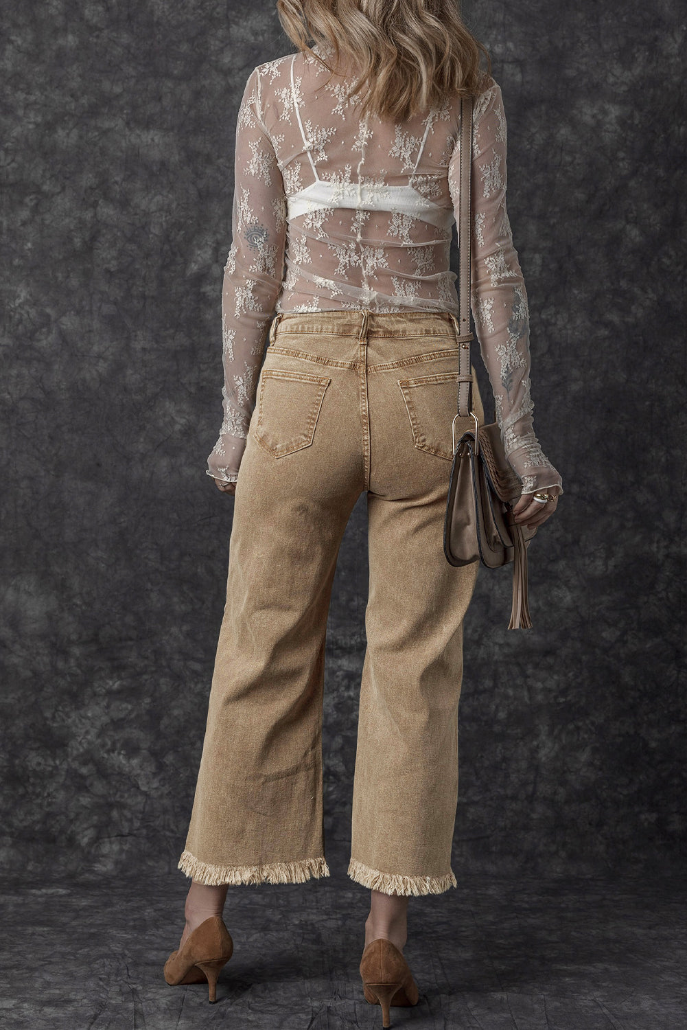 Denim Light French Beige Acid Washed High Rise Cropped Wide Leg - Modestly Vogue 