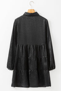 Black Metallic Sheen Puff Sleeve Button Up Mini Shirt Dress - Modestly Vogue 