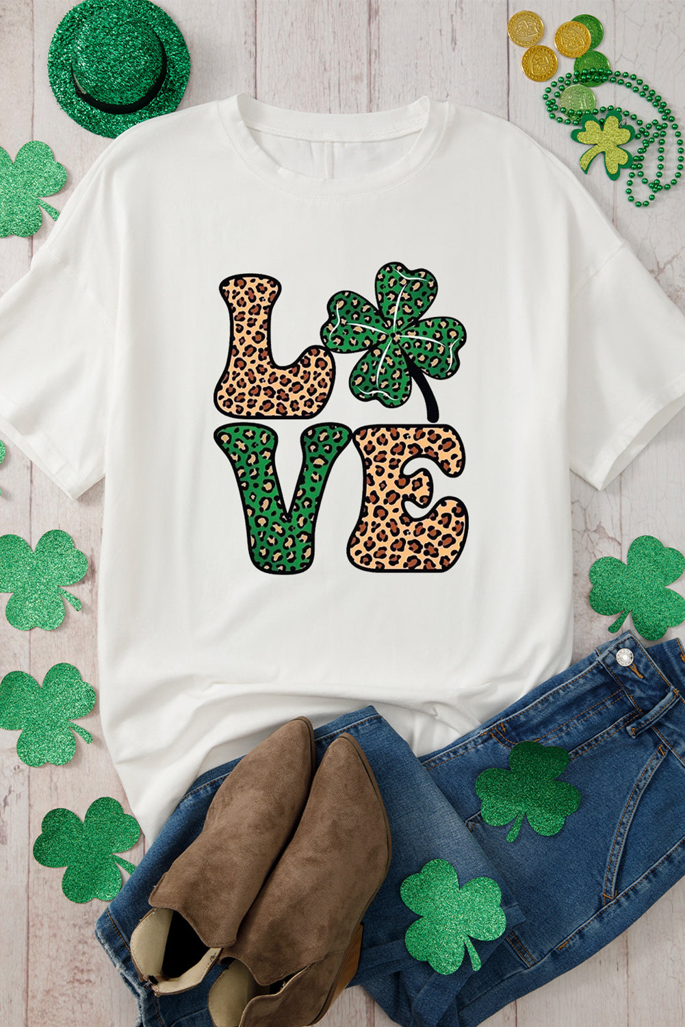 White Cheetah Clover LOVE Graphic St. Patricks Crewneck Tee - Modestly Vogue 