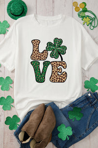 White Cheetah Clover LOVE Graphic St. Patricks Crewneck Tee - Modestly Vogue 