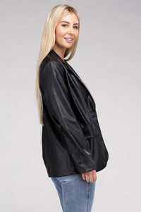 Sleek Pu Leather Blazer with Front Closure - Modestly Vogue 