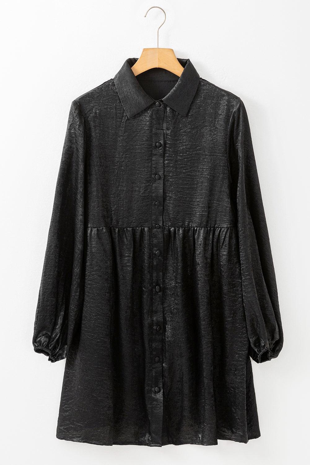 Black Metallic Sheen Puff Sleeve Button Up Mini Shirt Dress - Modestly Vogue 