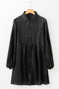 Black Metallic Sheen Puff Sleeve Button Up Mini Shirt Dress - Modestly Vogue 