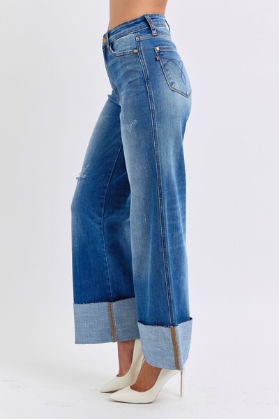 Denim Judy Blue Full Distressed High Waist Wide Leg Jeans - Modestly Vogue 