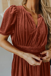 Chestnut Velvet Short Sleeve Shirred Waist Tiered Maxi Dress - Modestly Vogue 