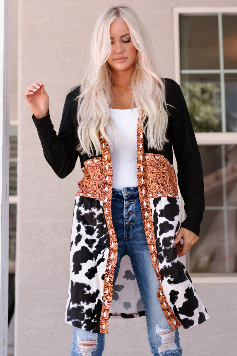 Black Western Pattern Cow Patchwork Open Front Cardigan - Modestly Vogue 