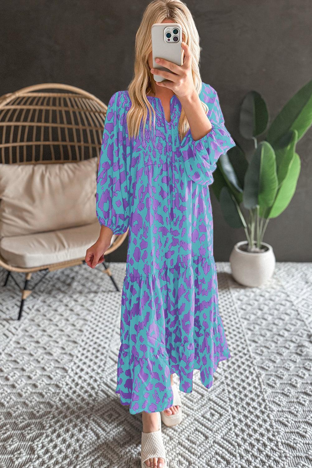 Boho Chic Sky Blue Abstract Print Puff Sleeve Tied Notched Neck Long Dress - Modestly Vogue 