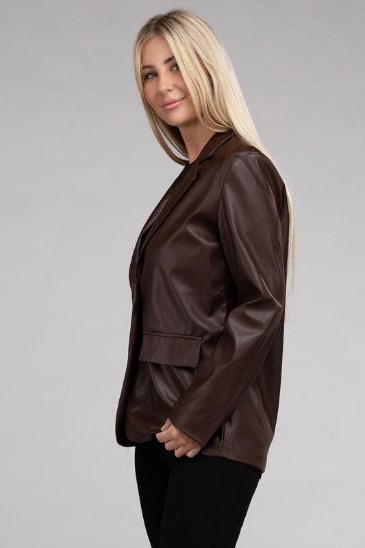 Sleek Pu Leather Blazer with Front Closure - Modestly Vogue 