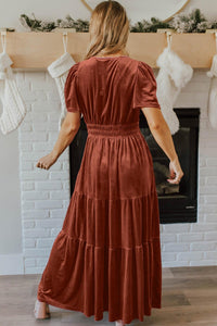 Chestnut Velvet Short Sleeve Shirred Waist Tiered Maxi Dress - Modestly Vogue 