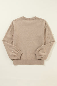 Smoke Gray Pearled Drop Shoulder Round Neck Sweater - Modestly Vogue 