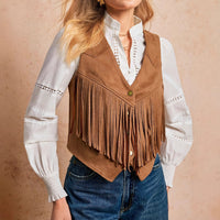 Women's Solid Color Casual Retro Tassel Decoration Front Metal Button Vest Jacket