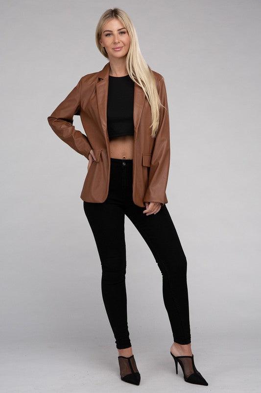 Sleek Pu Leather Blazer with Front Closure - Modestly Vogue 