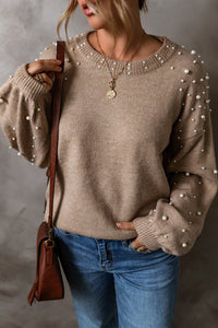 Smoke Gray Pearled Drop Shoulder Round Neck Sweater - Modestly Vogue 