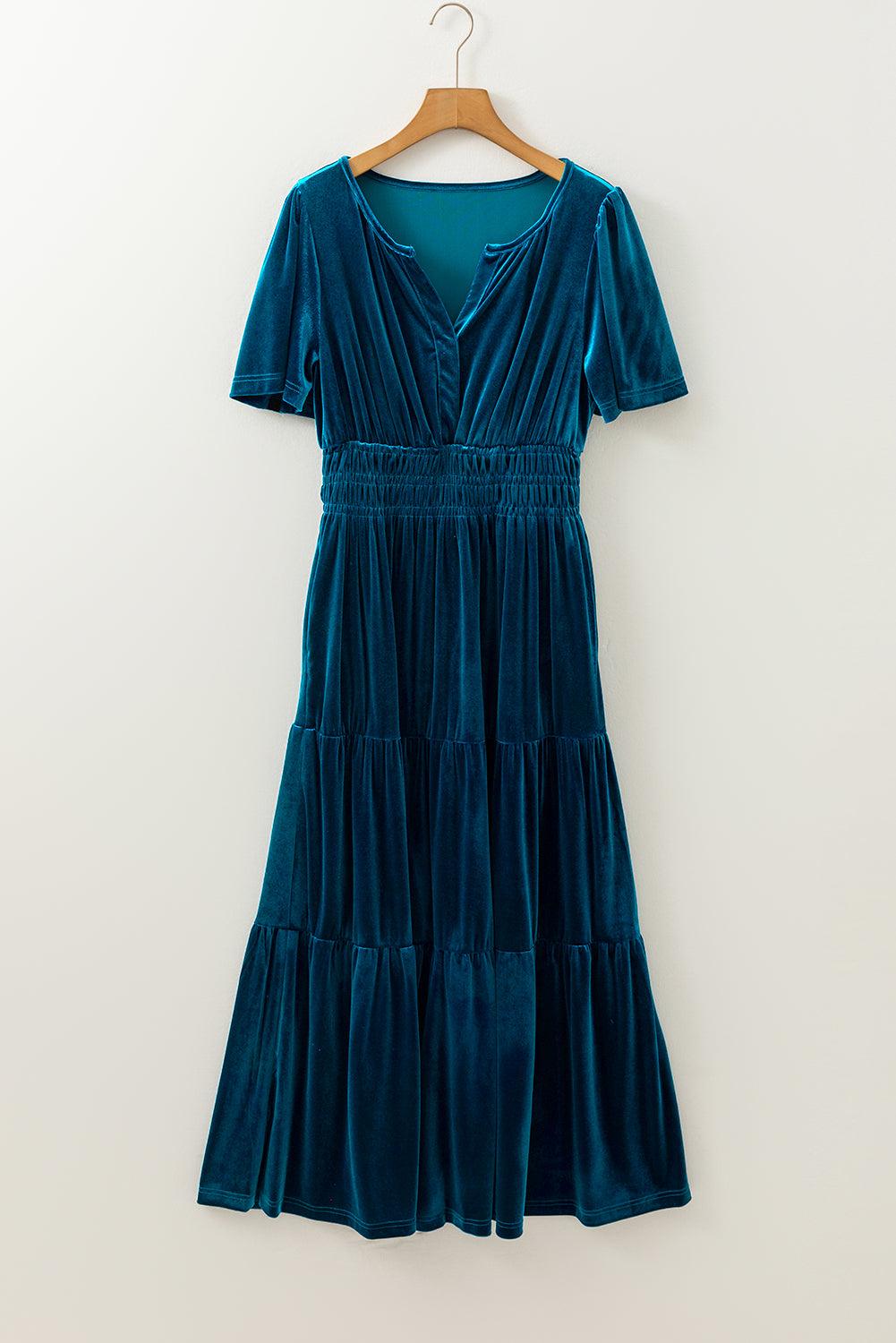 Prussian Blue Velvet Short Sleeve Shirred Waist Tiered Maxi Dress - Modestly Vogue 